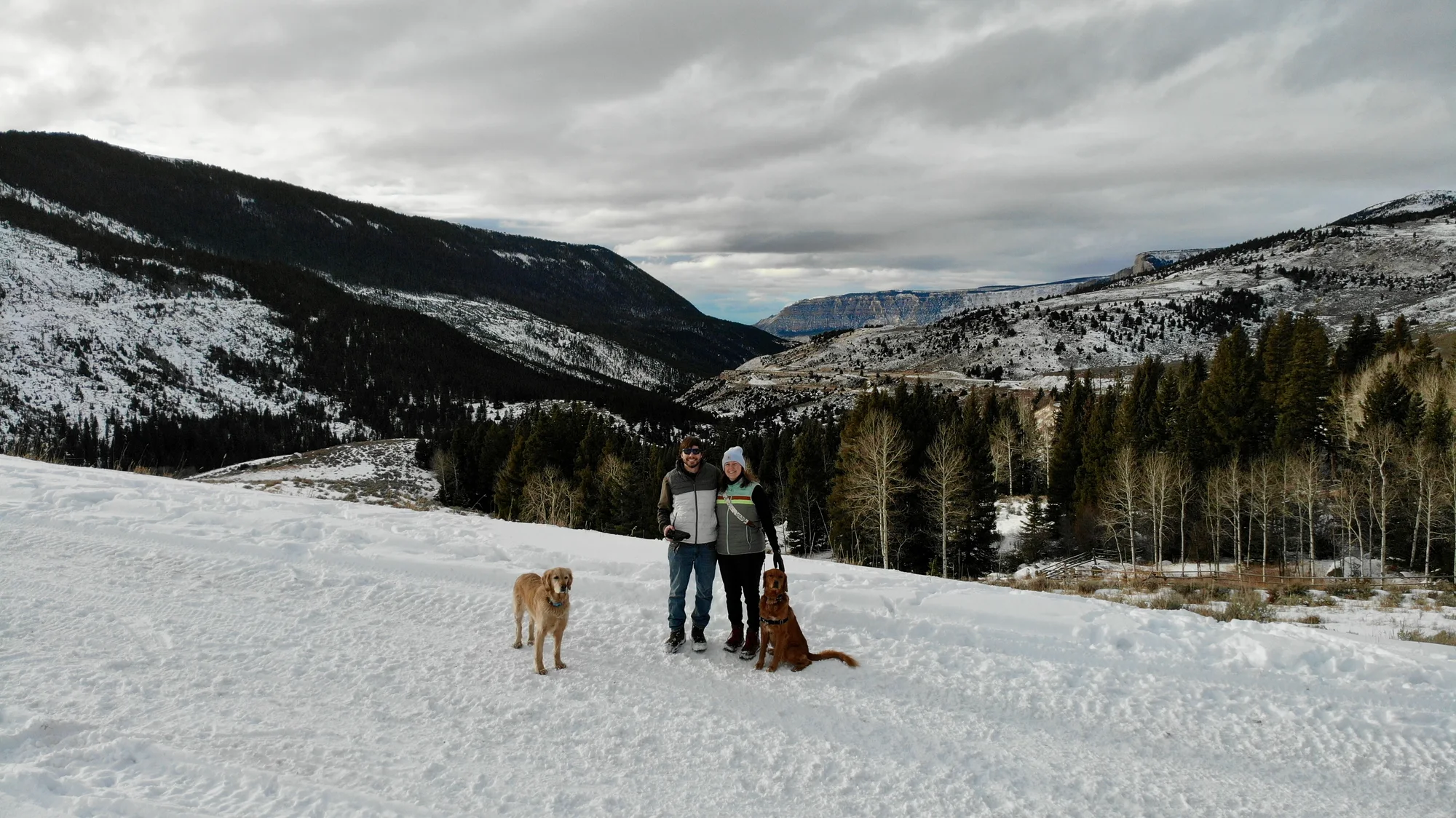 Two people and two dogs standing in the snow above a wide mountain valley