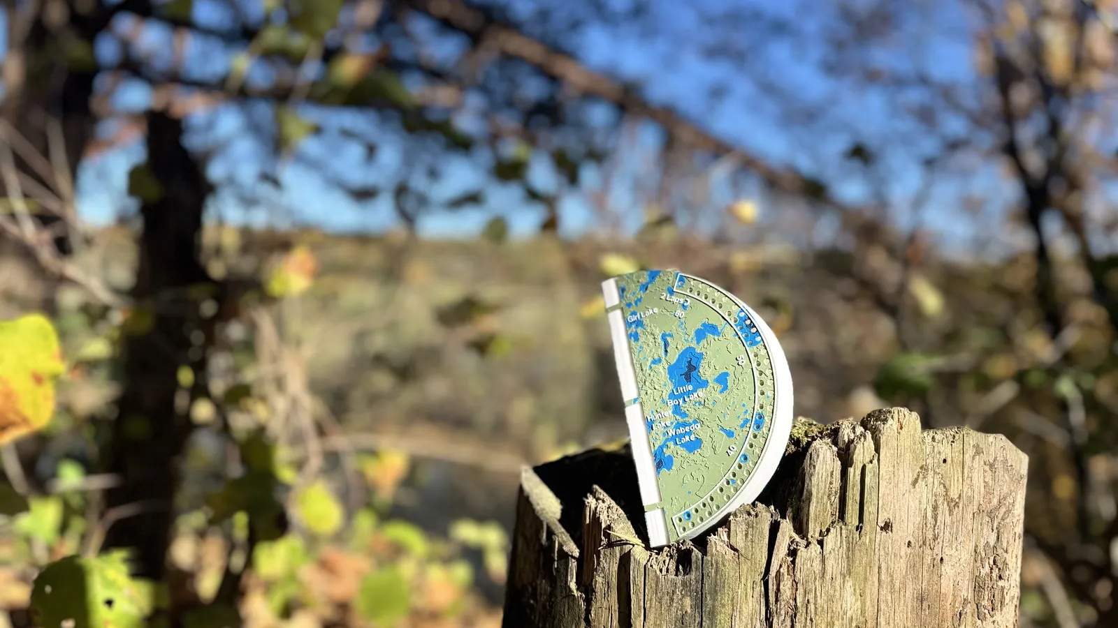 Folding topographic cribbage board standing closed on a tree stump outdoors