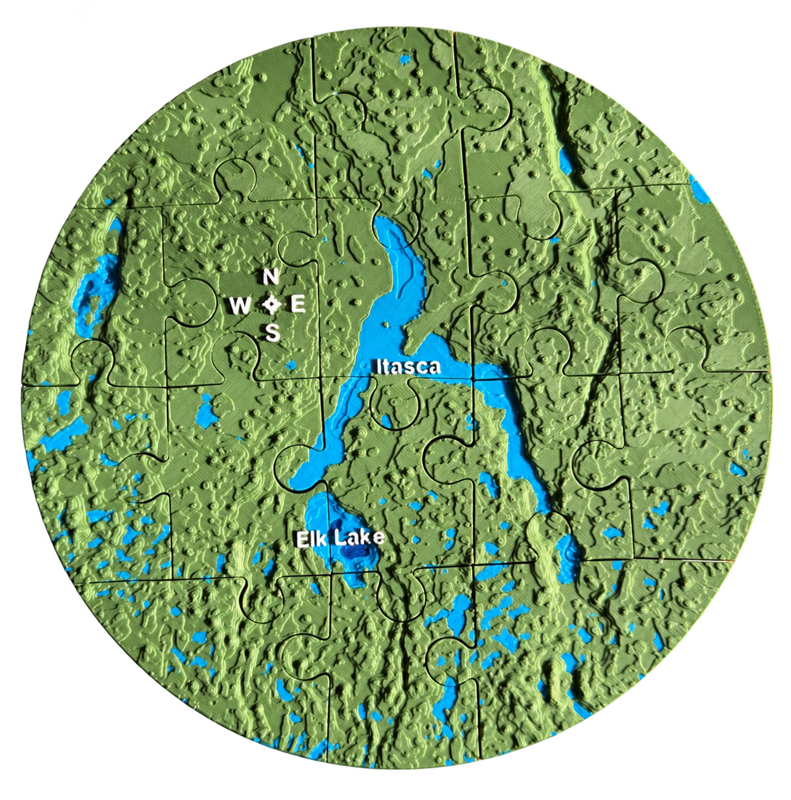 Itasca and Elk Lake round topographic puzzle, isolated on a neutral background.